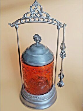 Vintage Victorian style pickle castor & stand red lidded glass jar 1950's